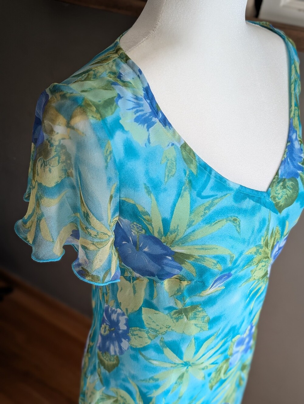 Vintage Y2K Robbie Bee 100% Silk Tropical Floral Dress Size 12 Blue Fairycore - Picture 2 of 5